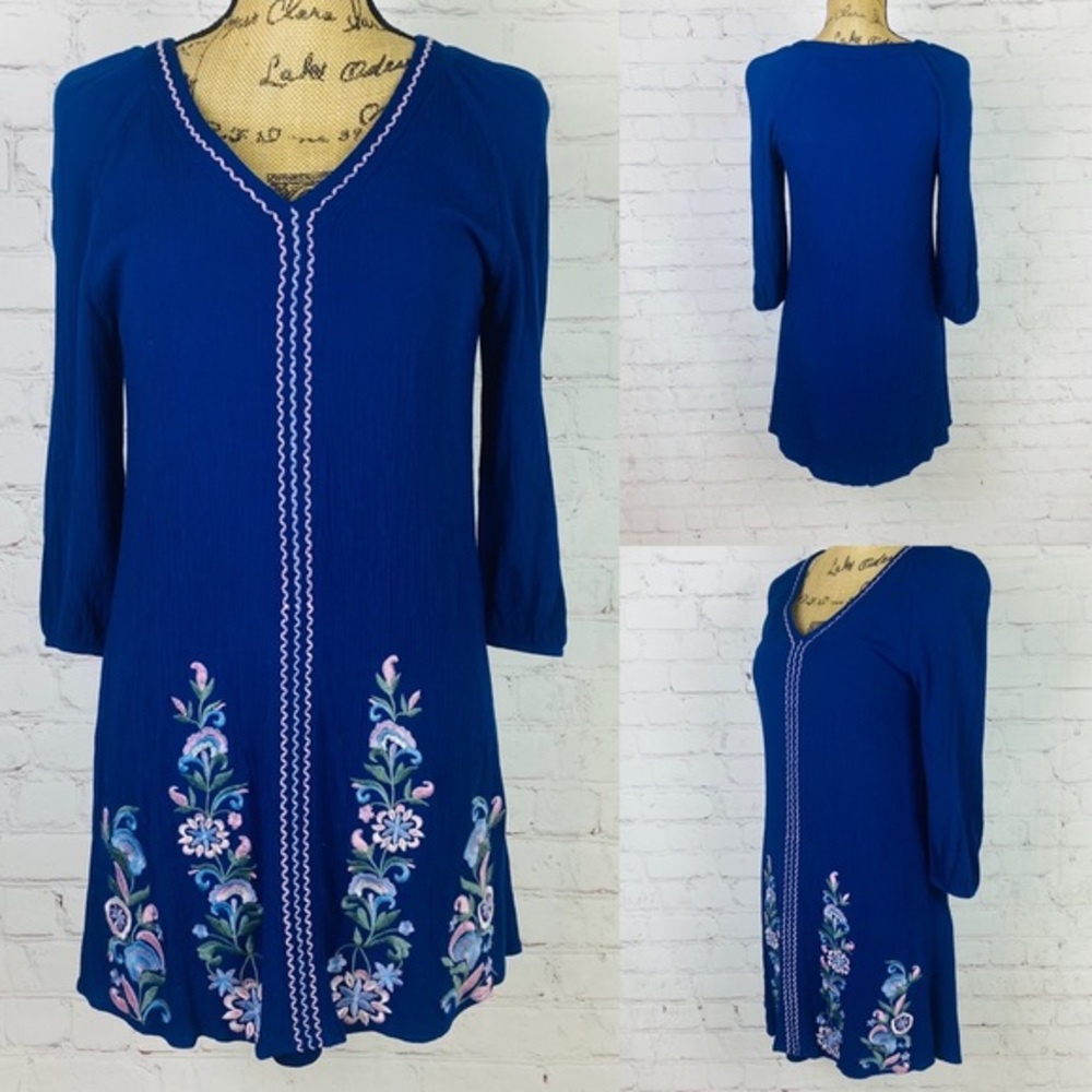 Blue Rain Royal Blue Crinkly Embroidered Dress